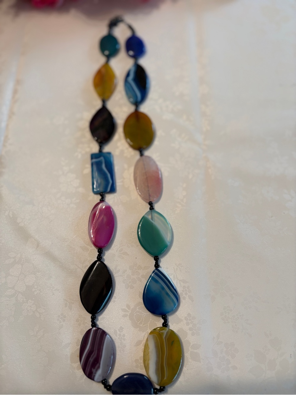 Beautiful Vintage Sterling Silver Clasp and Multi Color Agate Long Necklace